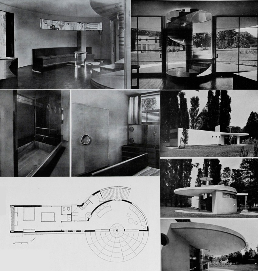 Figure 7.3: BBPR with Piero Portaluppi, Saturday House for  Newly-Weds. Interior views  showing stained glass window, spiral stair, built-in bath and bedroom. Exterior views showing planar wall with bas relief and terrace. Plan. From Domus, August 1933, 419-­‐11. Copyright Editoriale Domus S.p.A. Rozzano, Milano, Italy. Montage by author.