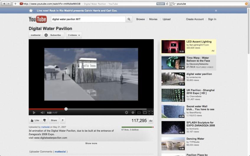 Figure 1.7: Clips of the MIT Digital Water Pavilion (Zaragoza World Expo, 2008) on YouTube. Courtesy of the author.