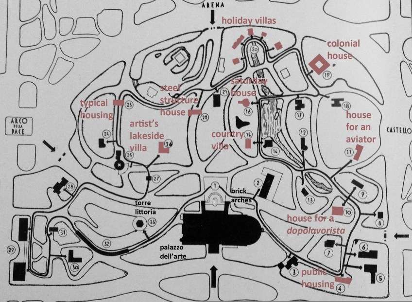 Figure 7.1: Map of the park and its pavilions. From Domus, May 1933, 230. Copyright Editoriale Domus S.p.A. Rozzano, Milano, Italy. Shading and annotations by the author.