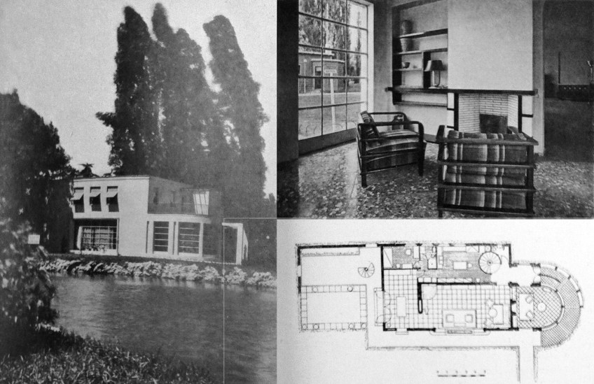 Figure 7.10: Enrico Griffini, Piero Bottoni and Eugenio Faludi, Country Villa 5. Exterior photo showing care in landscaping, plan, interior view of dining area with door to kitchen and bathroom on left. From Domus, July 1933, 297. Copyright Editoriale Domus S.p.A. Rozzano, Milano Italy. Montage by author.
