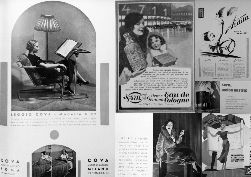 Figure 7.2: Advertisements from Domus showing middle class commodities: His Master’s Voice Radio, Fiat Ardita ‘Goes out and conquers’, Cova furniture, Algidus refrigerators, 4711 cologne, Cristallo Securit. From Domus: September 1933, xix; November 1936, n.p.; October 1933, iv; April 1933, 222. Copyright Editoriale Domus S.p.A. Rozzano, Milano, Italy.