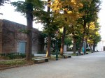 Figure 3.1: Main avenue of the Giardini, looking northeast, and showing the Spanish pavilion in the foreground, the Belgian and Dutch pavilions behind the trees, and the Central Pavilion (the main exposition venue) at the far right. Photograph: Joel Robinson.