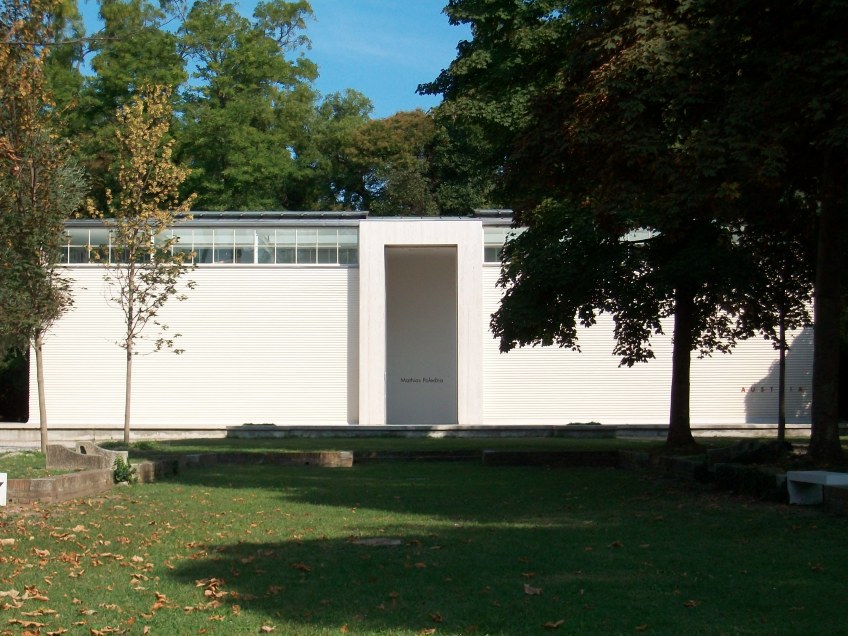 Figure 3.18: View looking north toward the Austrian pavilion, designed by Josef Hoffmann in 1934, and restored by Hans Hollein in 1984. Photograph: Joel Robinson.