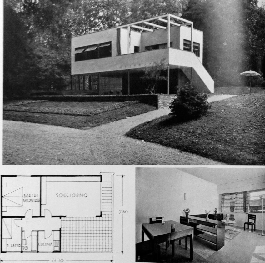 Figure 7.9: Enrico Griffini, Piero Bottoni and Eugenio Faludi, Beach Villa 4. Exterior photo, plan, interior view of living area showing extent of natural light. From Domus, July 1933, 296. Copyright Editoriale Domus S.p.A. Rozzano, Milano, Italy.